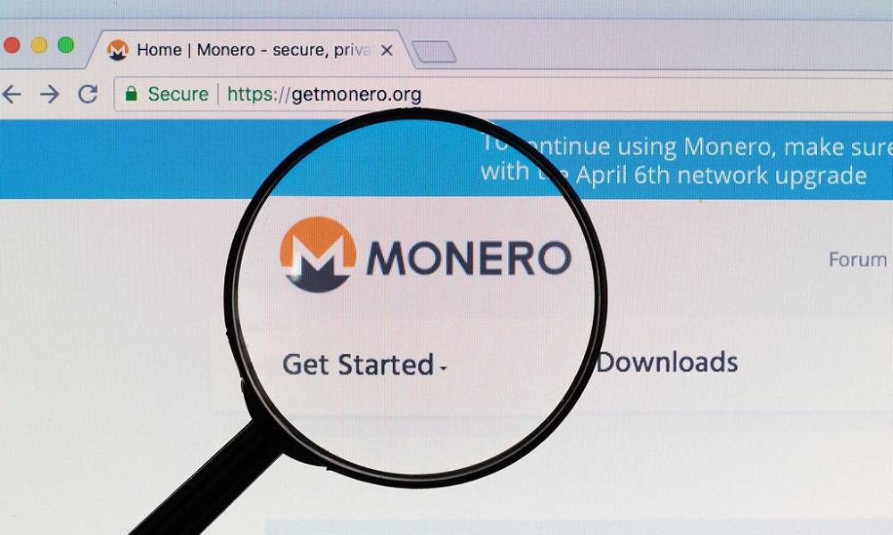 Monero logo on a computer screen with a magnifying glass