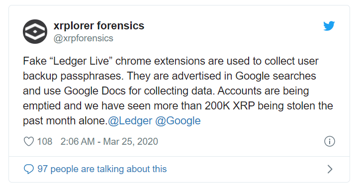 谷歌扩展程序冒用Ledger官方身份,140万XRP已被盗
