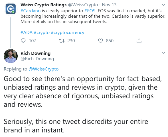韦氏评级嘴炮不断，断言Cardano远强于EOS