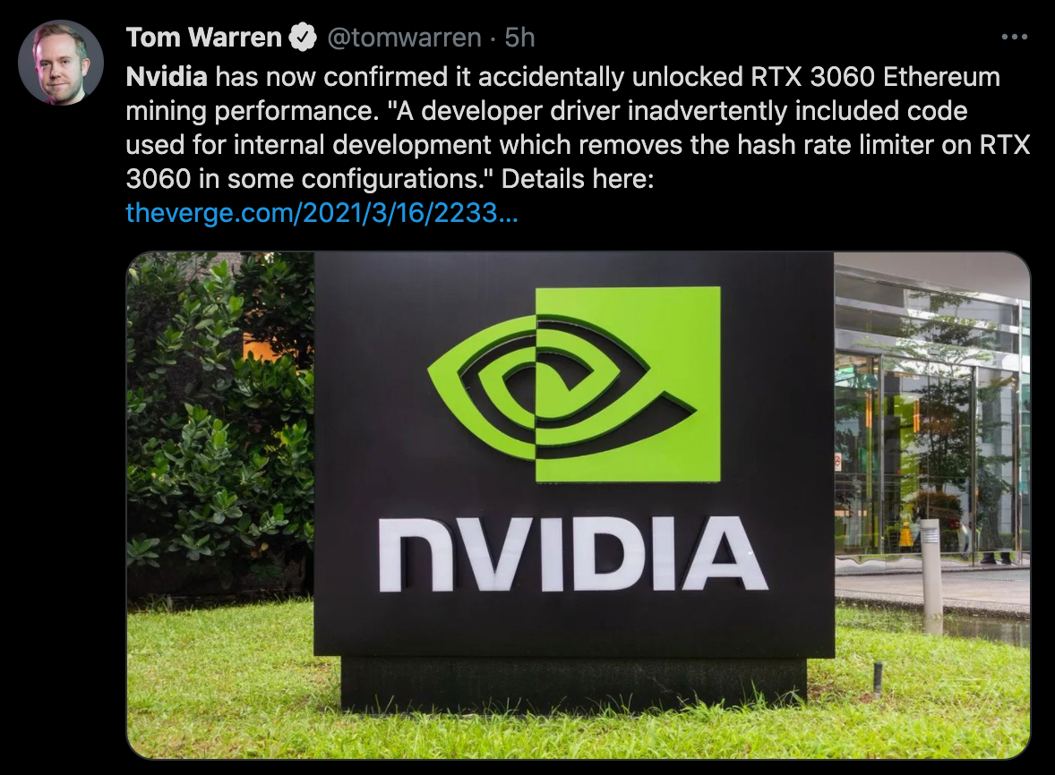 英伟达意外解锁了RTX 3060以太坊挖矿限制器,重大失误?
